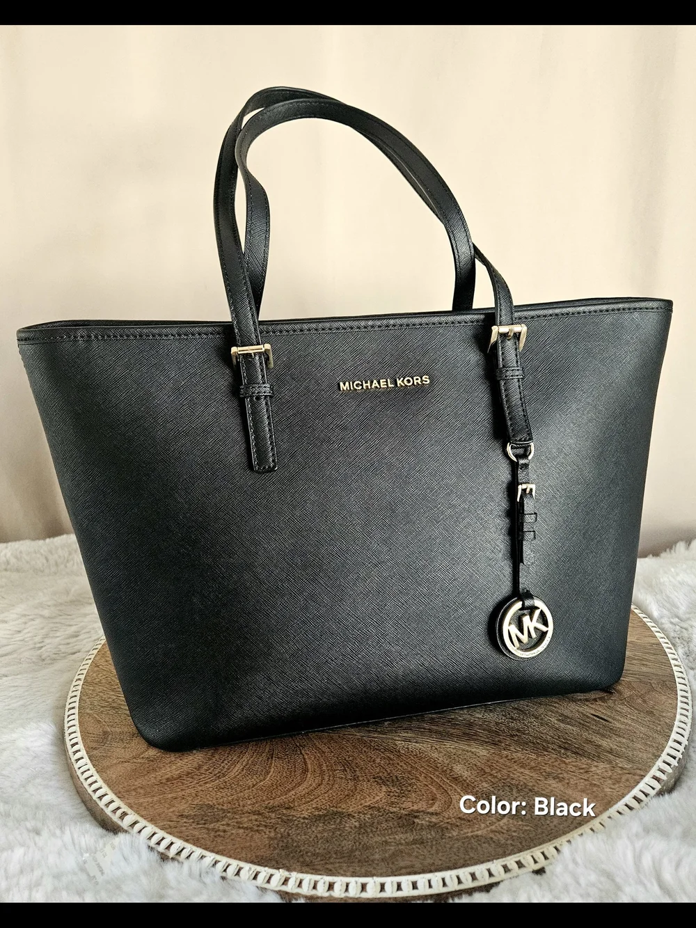 Michael Kors Black Saffiano Tote with MK Charm and Gold Hardware - Picture 1 of 8